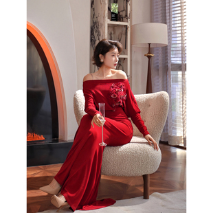XULU原创法式气质红色麻纱重工珠片绣花大气蝙蝠袖修身高腰连衣裙