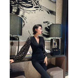 V领上衣 长袖 XULU原创秋冬水晶麻拼接烫金丝绒打底衫 黑色百搭修身