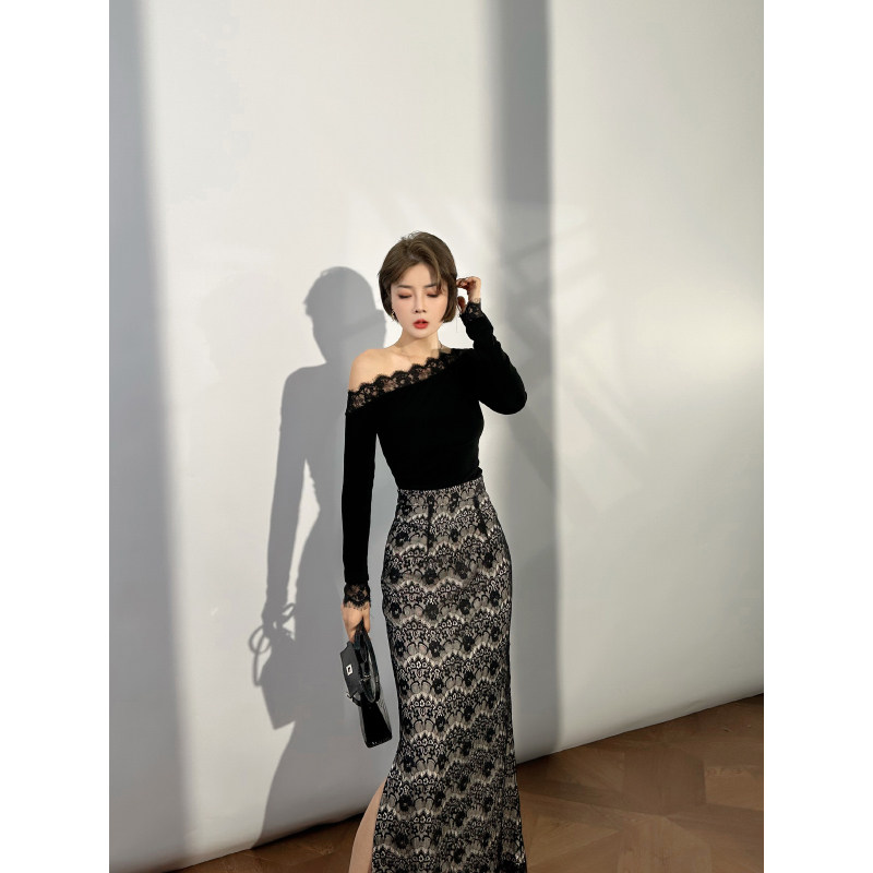 XULU原创高级醋酸颗粒感透气麻纱T恤蕾丝贴花斜肩长袖收腰上衣