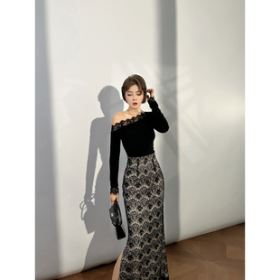 XULU原创高级醋酸颗粒感透气麻纱T恤蕾丝贴花斜肩长袖 收腰上衣