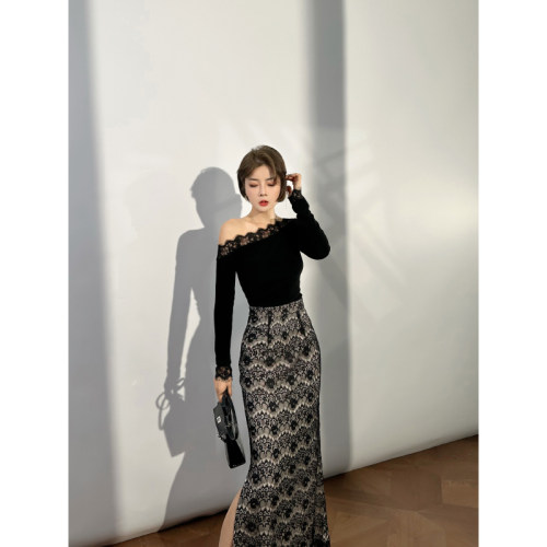 XULU原创高级醋酸颗粒感透气麻纱T恤蕾丝贴花斜肩长袖收腰上衣