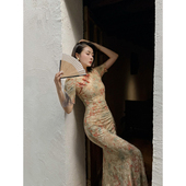 XULU原创夏季 针织剪花复古连衣裙优雅名媛感褶皱斜襟中长袖 旗袍