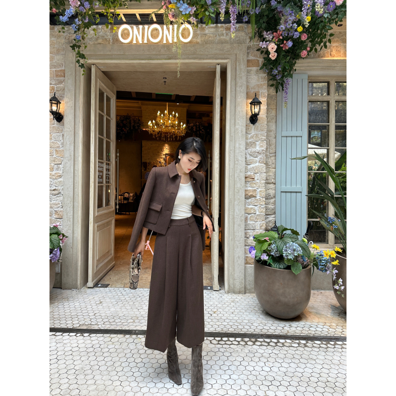 XULU原创韩版精纺呢优雅翻领单排扣短外套高腰阔腿七分休闲裤