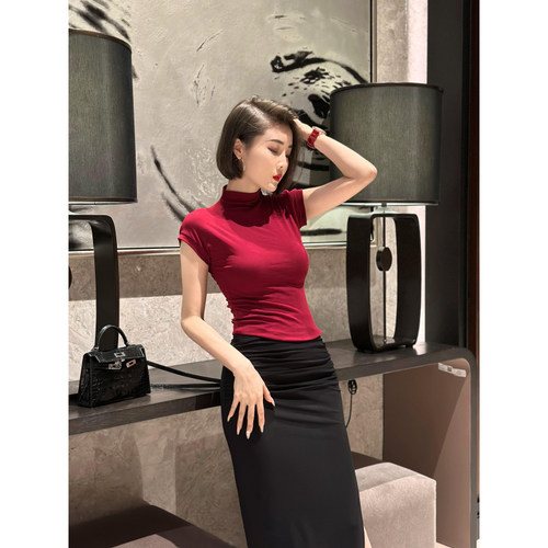 XULU原创简约醋酸真丝纯色性感百搭半高领短袖修身显瘦T恤上衣