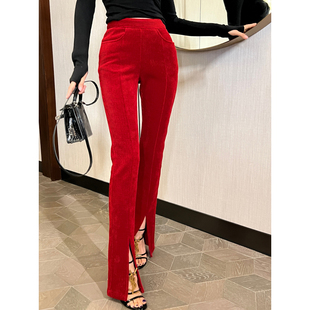 XULU原创欧洲高定馥郁红灯芯绒复古气质修身 中高腰显瘦下开衩长裤
