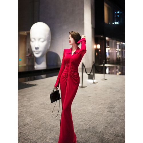 XULU原创水晶麻法式优雅显瘦设计感polo领气质修身长袖褶皱连衣裙