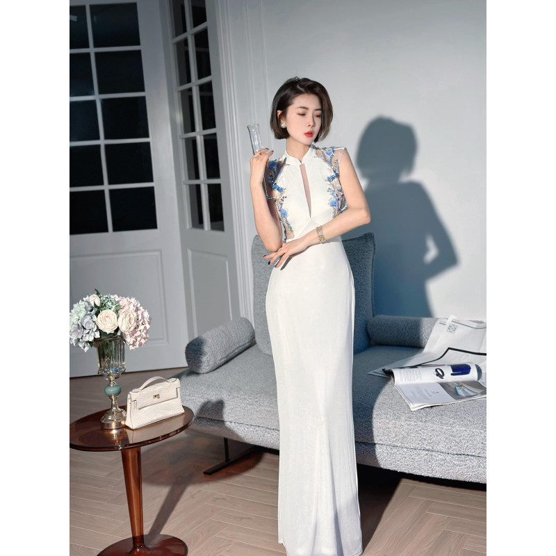 XULU原创夏季醋酸复古重工订珠优雅无袖改良旗袍拼接亮片连衣裙