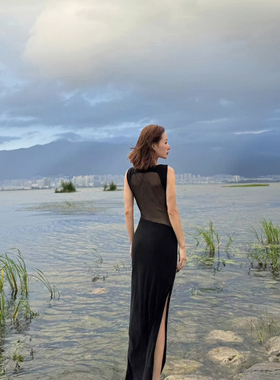 XULU原创夏季水晶麻黑色高阶复古一字领无袖显瘦露背网纱连衣裙