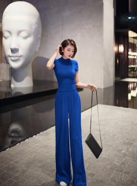 XULU原创蓝色罗纹针织高腰阔腿裤百搭半高领短袖短上衣两件套装