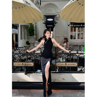 XULU原创夏季 立领连衣裙 黑色醋酸优雅气质旗袍简约温婉改良无袖