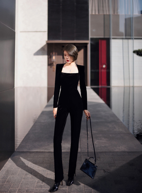 XULU原创黑色丝绒高级感时尚百搭气质方领直角肩长袖高腰连体裤