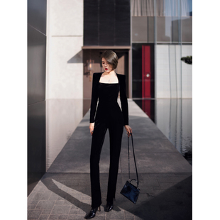 高腰连体裤 XULU原创黑色丝绒高级感时尚 百搭气质方领直角肩长袖