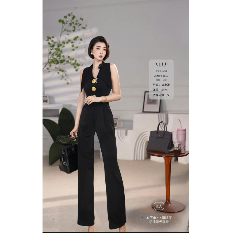 XULU原创夏季新款醋酸大女主时尚黑色修身显瘦大翻领无袖连体裤