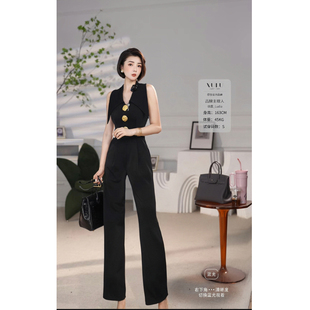 新款 连体裤 醋酸大女主时尚 显瘦大翻领无袖 黑色修身 XULU原创夏季