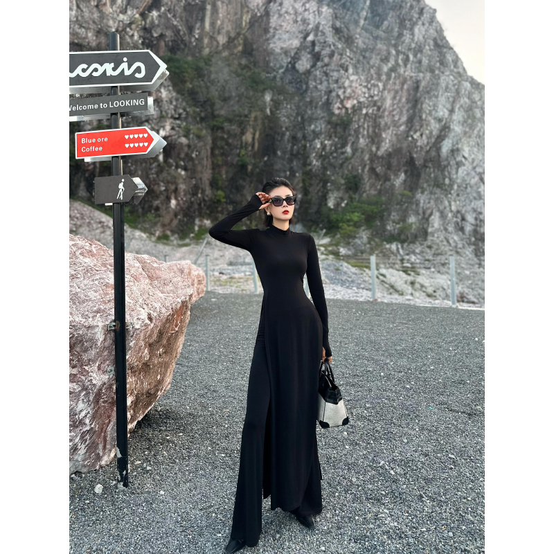 XULU原创秋季水晶麻垂坠优雅半高领旗袍式开叉上衣配喇叭裤两件套