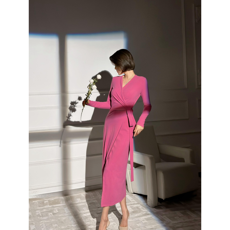 XULU原创秋冬新款多拉德绒纯色不对称长裙气质修身长袖V领连衣裙