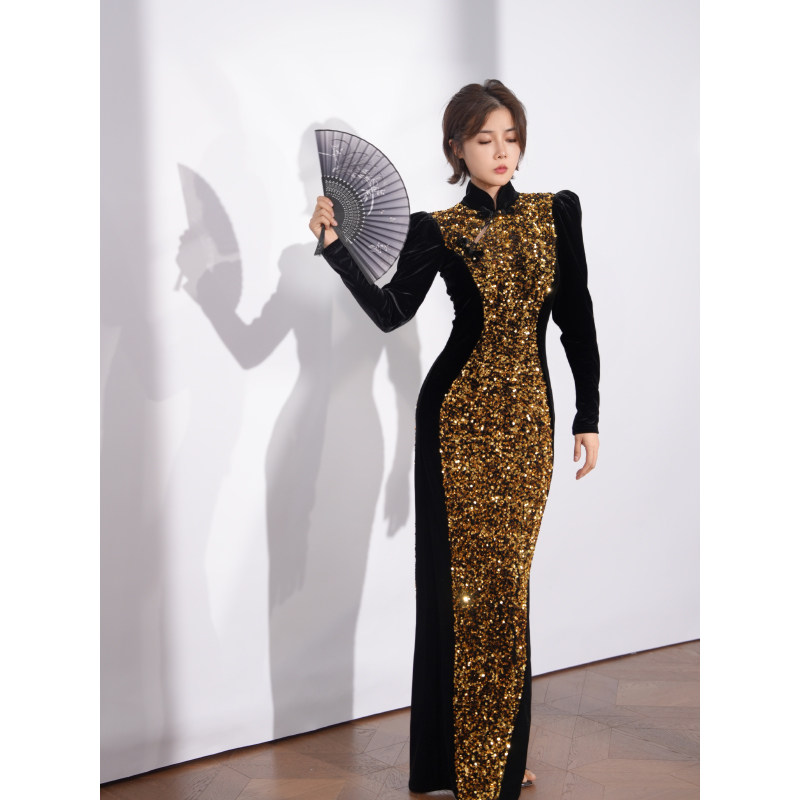 XULU原创新中式金色亮片拼接黑丝绒旗袍裙立领收腰包臀礼服连衣裙