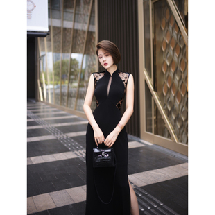 XULU原创醋酸小众复古优雅无袖 改良旗袍拼接亮片前中镂空连衣裙