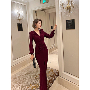 XULU原创进口纯色水晶麻纱复古气质修身 V领连衣裙 收腰褶皱灯笼袖