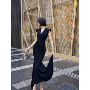 垂感无袖 交叉V领连衣裙 人棉针织垫肩时髦系带修身 XULU原创夏季