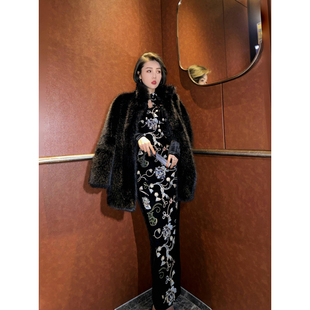 XULU原创轻奢黑色环保毛气质知性通勤复古休闲显瘦时髦立领长外套