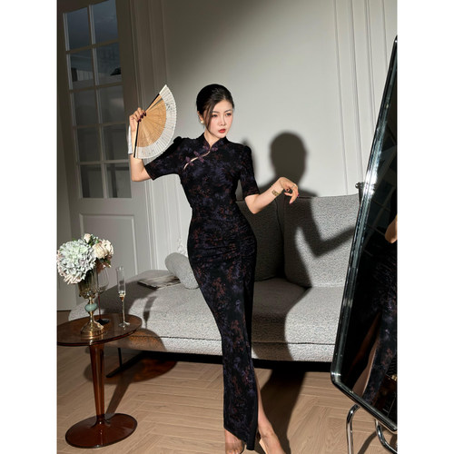 XULU原创夏季醋酸水波纹高弹优雅复古旗袍气质修身短袖中式连衣裙