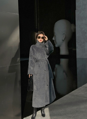 XULU原创新款灰色羊驼毛气质优雅轻奢宽松保暖立领系带大衣外套