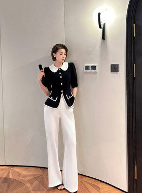XULU原创精纺TR轻奢老钱风娃娃领公主袖中袖短外套直筒长裤两件套