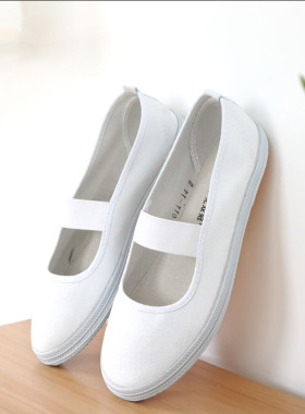 申花双冠白色表演鞋室内帆布鞋舞蹈鞋体操鞋一字松紧体操鞋学生鞋