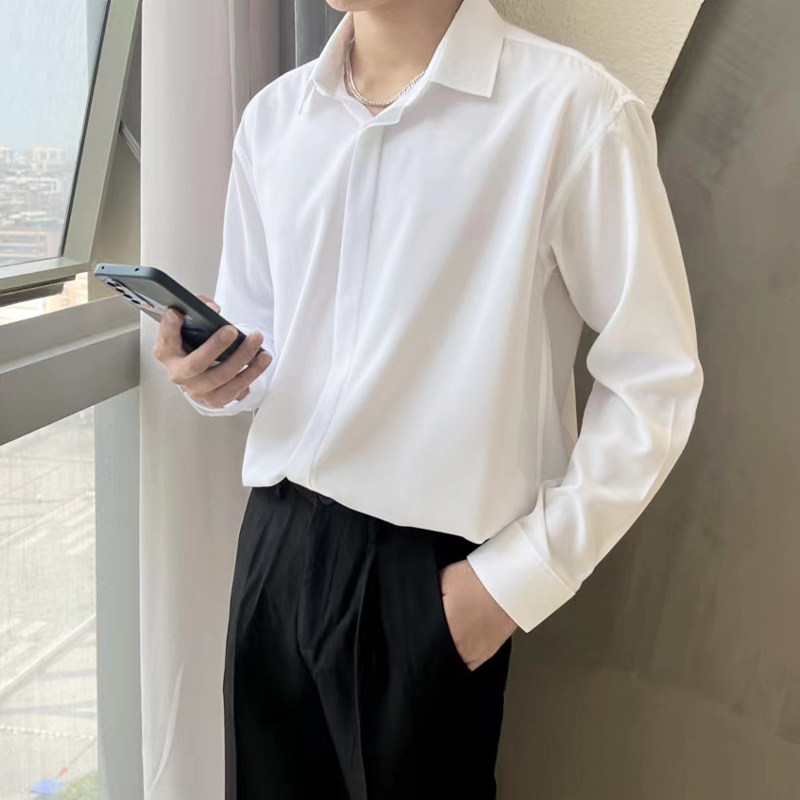 尖领长袖免烫宽松休闲白色男衬衫