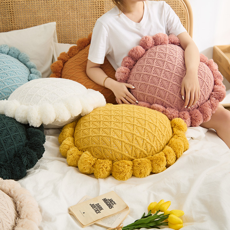 ins网红圆形毛球针织抱枕汽车沙发办公椅靠垫 纯色午睡休闲靠枕套