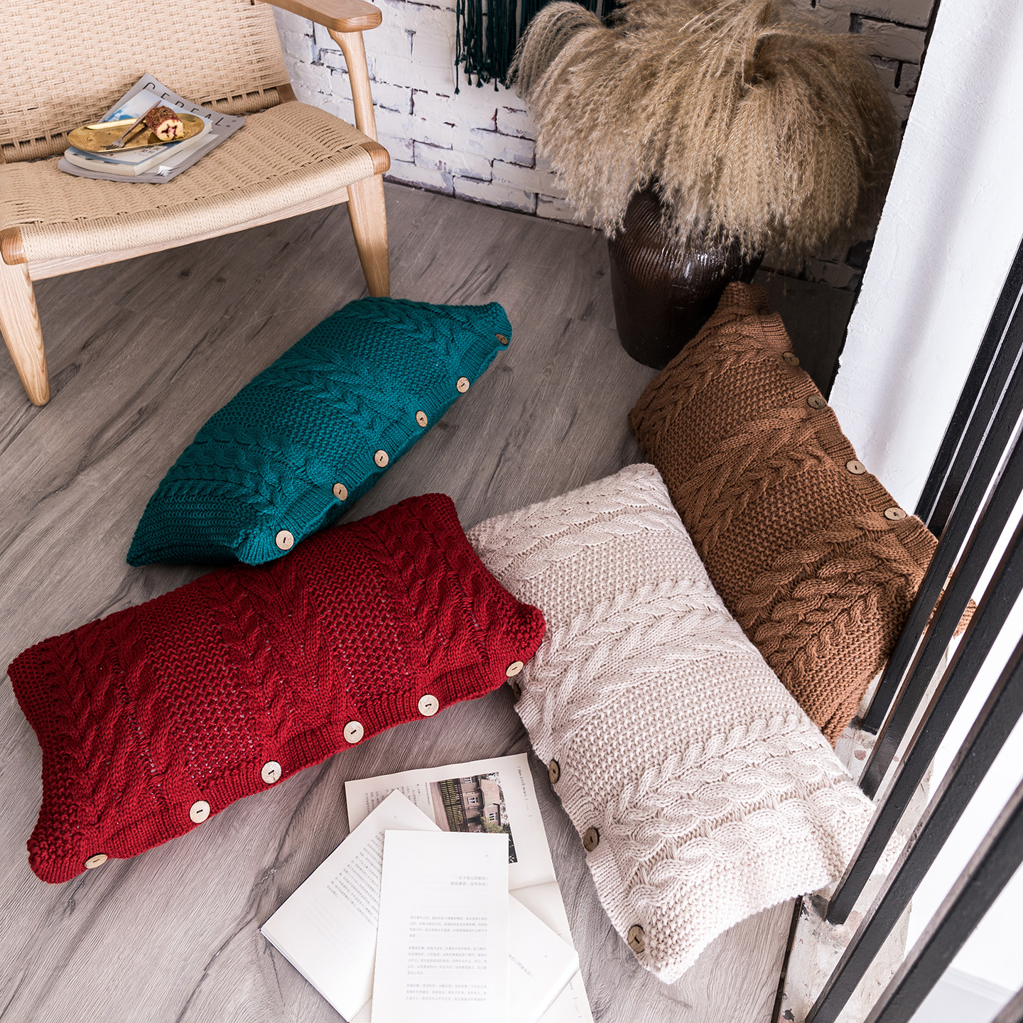 北欧纯色针织长腰抱枕靠枕套办公室沙发午睡客厅民宿汽车毛线靠垫