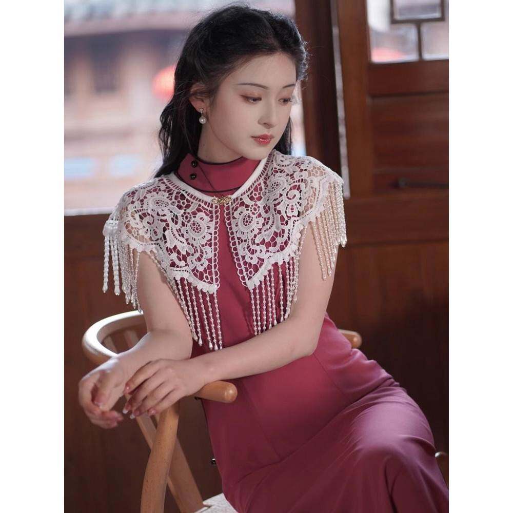 2025新款秋款旗袍珍珠流苏云肩披肩外搭新中式改良复古蕾丝年轻款