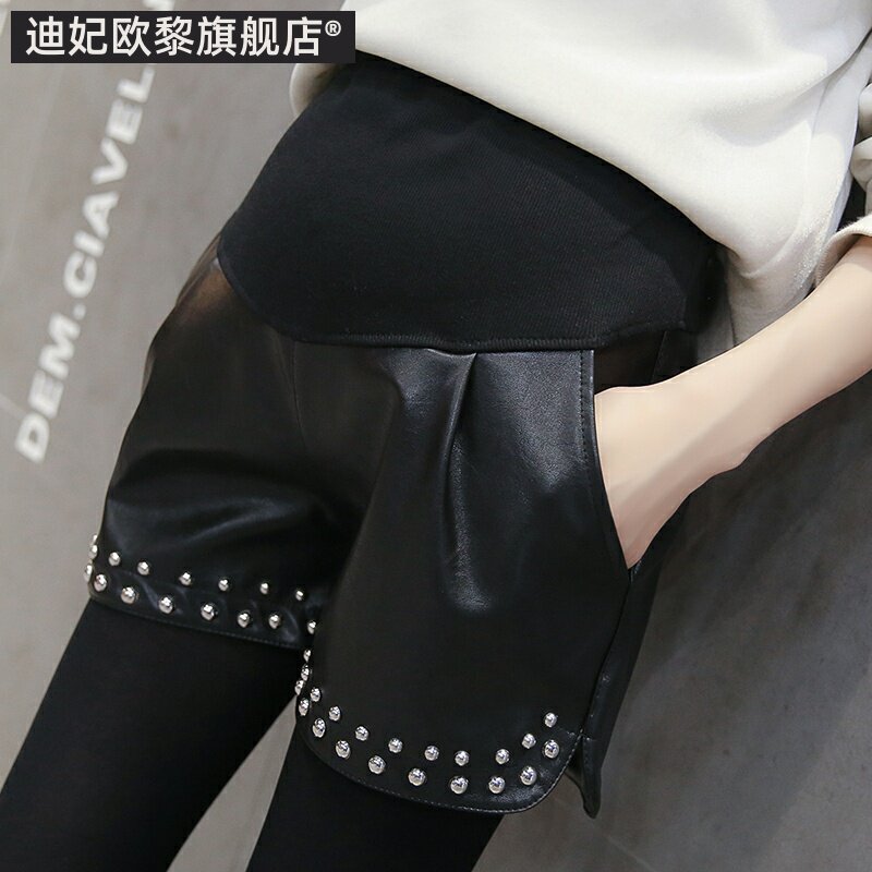 孕妇短裤秋冬款外穿阔腿皮短裤冬季时尚潮妈打底裤秋冬装孕妇裤子