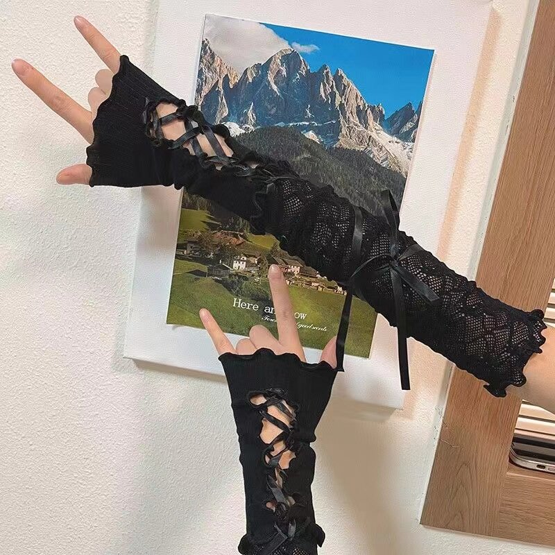 新品y2k辣妹芭蕾舞风蕾丝DIY交叉绑带防晒袖套洛丽塔少女jk手套