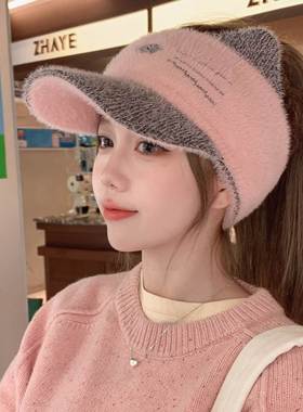 帽子女秋冬季韩版甜美针织空顶鸭舌帽加绒保暖护耳包头帽可扎马尾