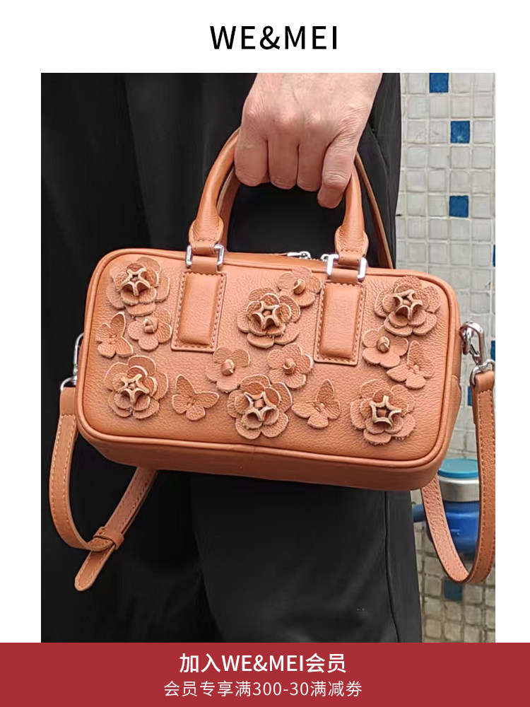 包邮促销原创新款头层牛皮时尚质感波士顿手工立体花朵手提斜挎包