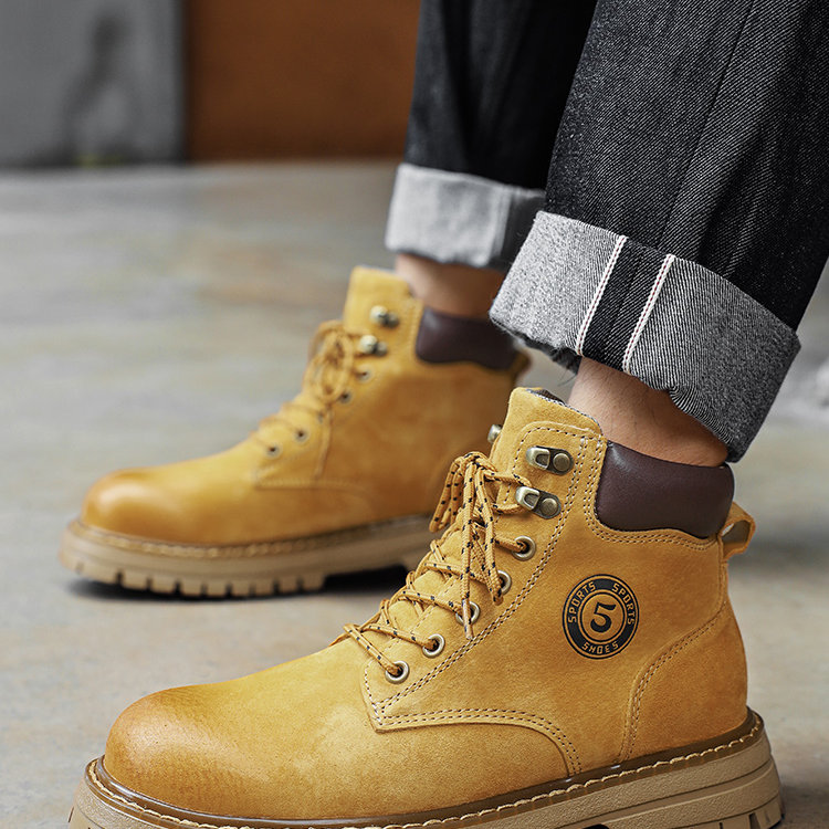 袋鼠大黄靴男款真皮户外工装靴子