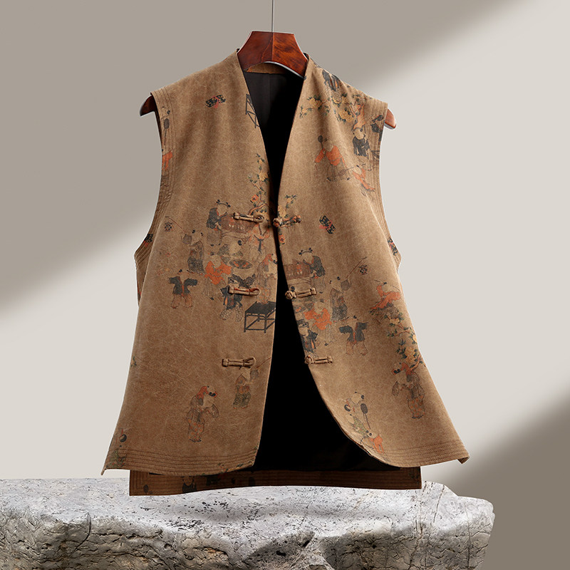 真丝香云纱男士秋季真丝马甲中式复古国风印花无袖背心桑蚕丝上衣