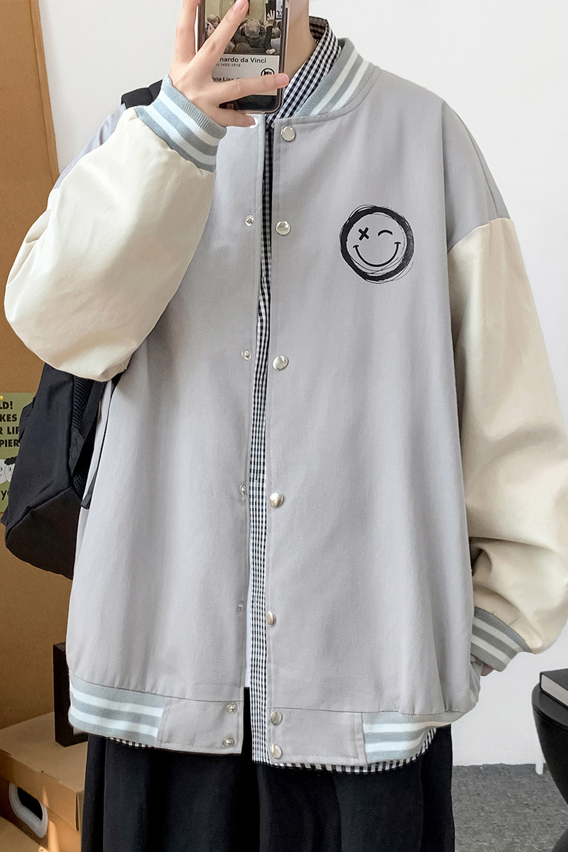 J905P53室内港风百搭学生情侣笑脸印花拼色棒球领夹克棒球服,男装夹克,电商A050