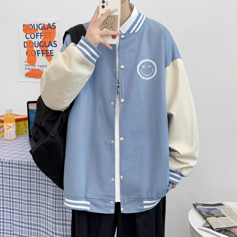 J905P53室内港风棒球领服宽松情侣港风笑脸印花港风拼色夹克,男装夹克,电商A050
