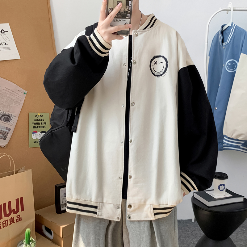 J905P53室内港风笑脸印花港风棒球领棒球服情侣拼接撞色夹克，男装夹克，电商A050