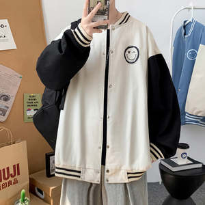 J905P53室内港风笑脸印花港风棒球领棒球服情侣拼接撞色夹克