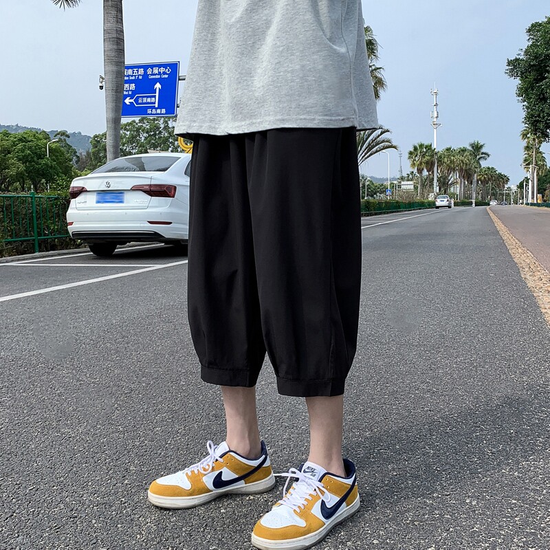 k161P25外景冰丝纯黑百搭宽松休闲收口七分裤哈伦裤夏装薄款,男装休闲裤,电商A050