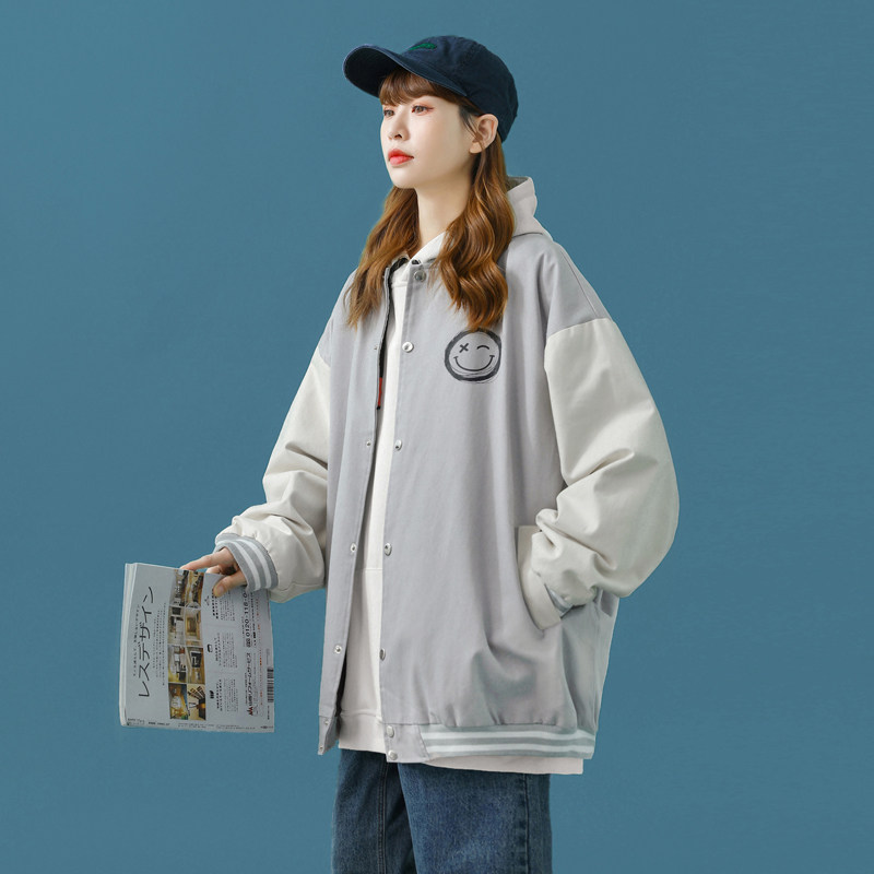 J905P53中性风笑脸印花学生情侣休闲港风夹克棒球领棒球服拼接，男装夹克，电商A050