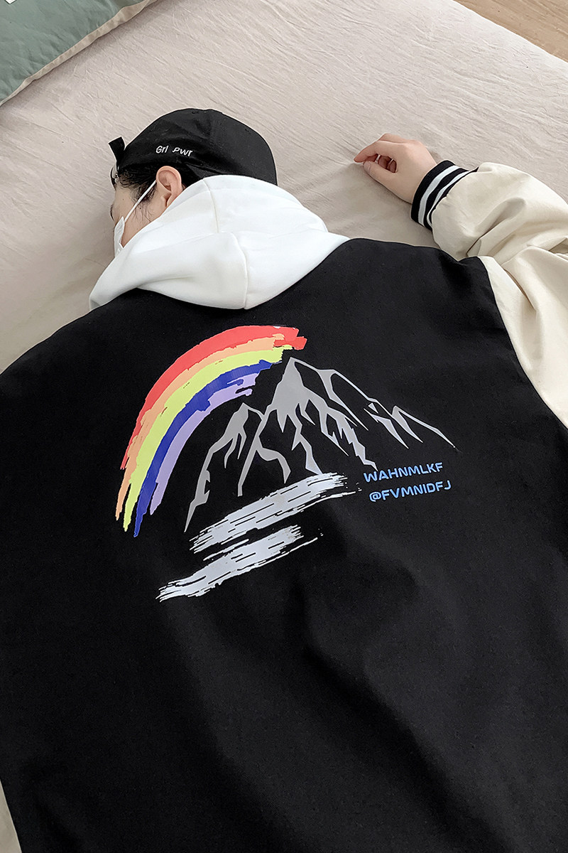 J909P55室内港风情侣港风夹克棒球领彩虹印花棒球服学生雪山潮,男装夹克,电商A050