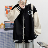 J905P53室内港风棒球领服宽松情侣港风笑脸印花港风拼色夹克，男装夹克，电商A050