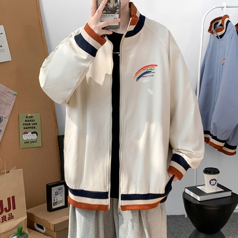 J908 P45 室内港风 立领撞色开衫夹克休闲宽松彩虹印花港风情侣春图片