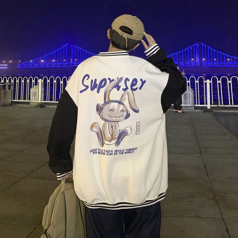 Y8889P55港风夜景棒球领棒球服卡通兔子印花情侣开衫卫衣港风,男装卫衣,电商A050