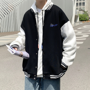 Y8889P55港风外景青年兔子印花棒球领情侣港风棒球服开衫卫衣